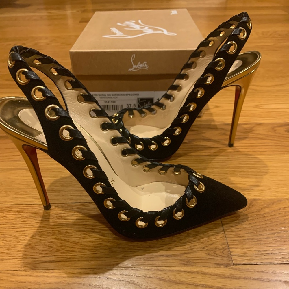 Christian Louboutin black Suede Slingback stilettos with leather laces